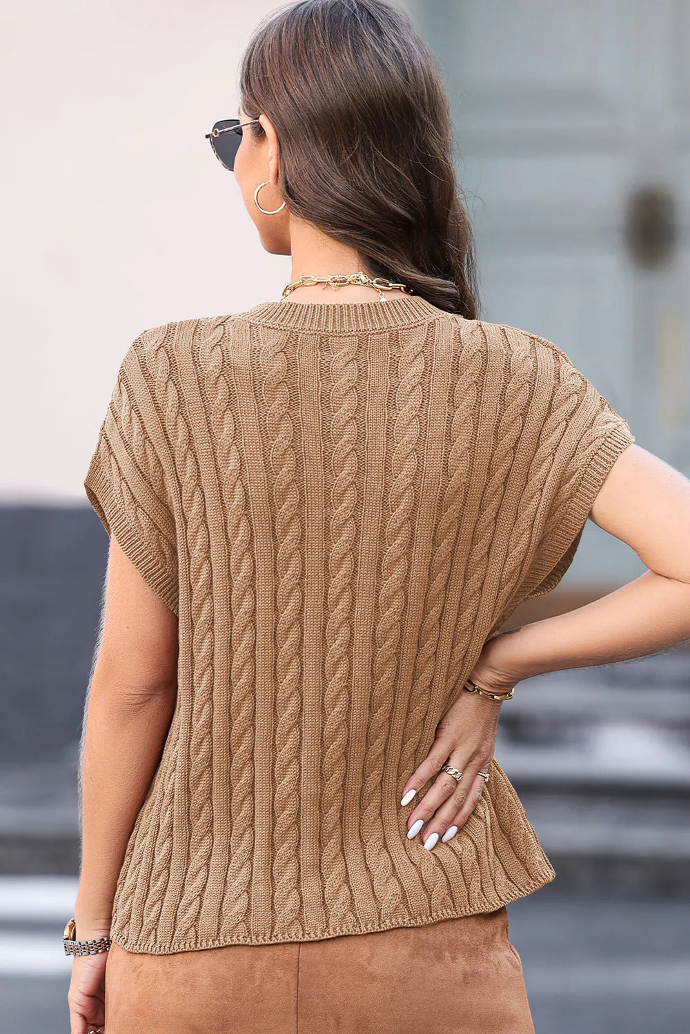 Quinn Rousseau — Cable-Knit Round Neck Cap Sleeve Sweater, alternate view 20
