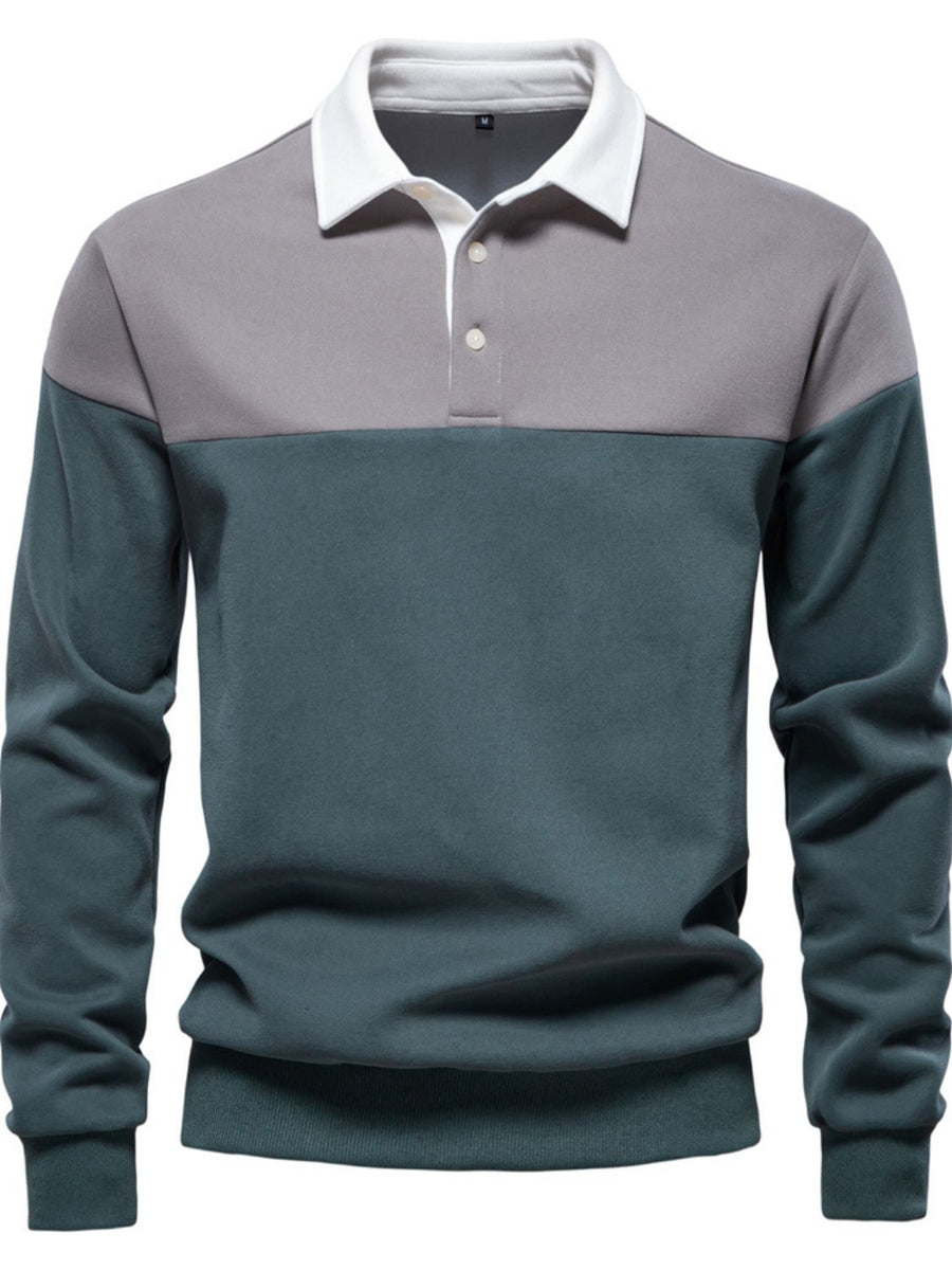 Men's Collared Neck Contrast Long Sleeve Polo - Opulent Empire