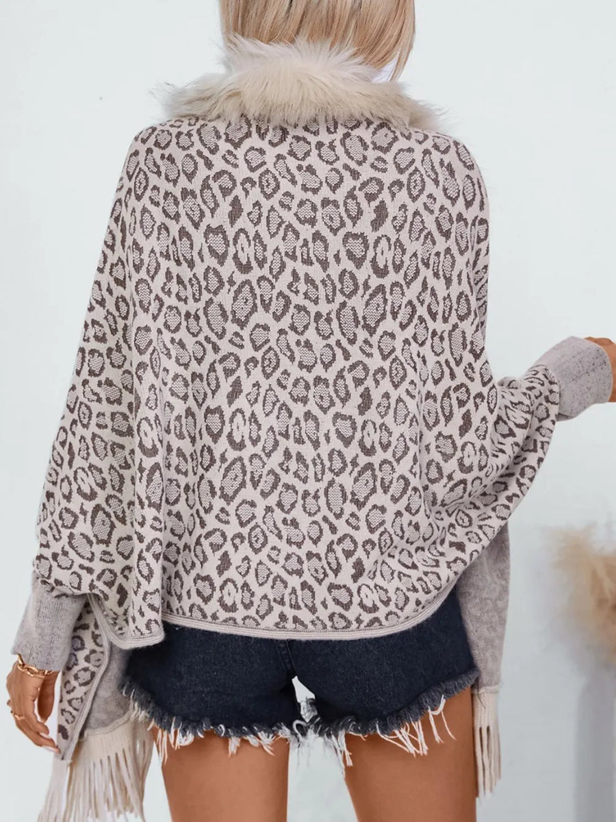 Rain Sorrento — Fringe Leopard Open Front Long Sleeve Poncho, alternate view 2