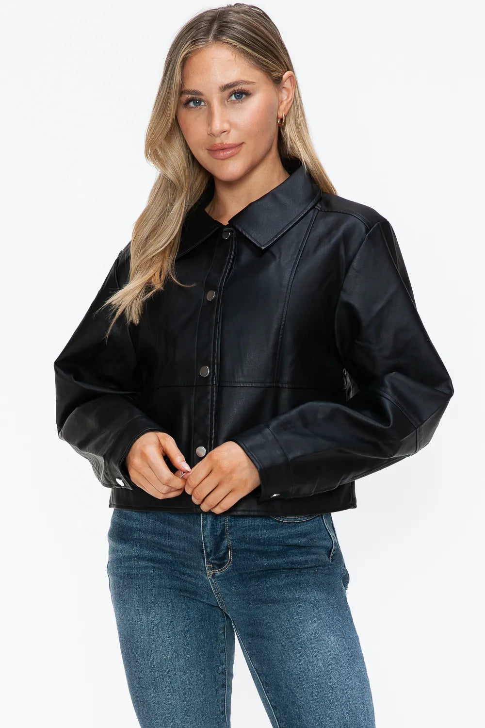 Rain Saint-Clair — Snobbish Snap Down Long Sleeve PU Leather Jacket, alternate view 4