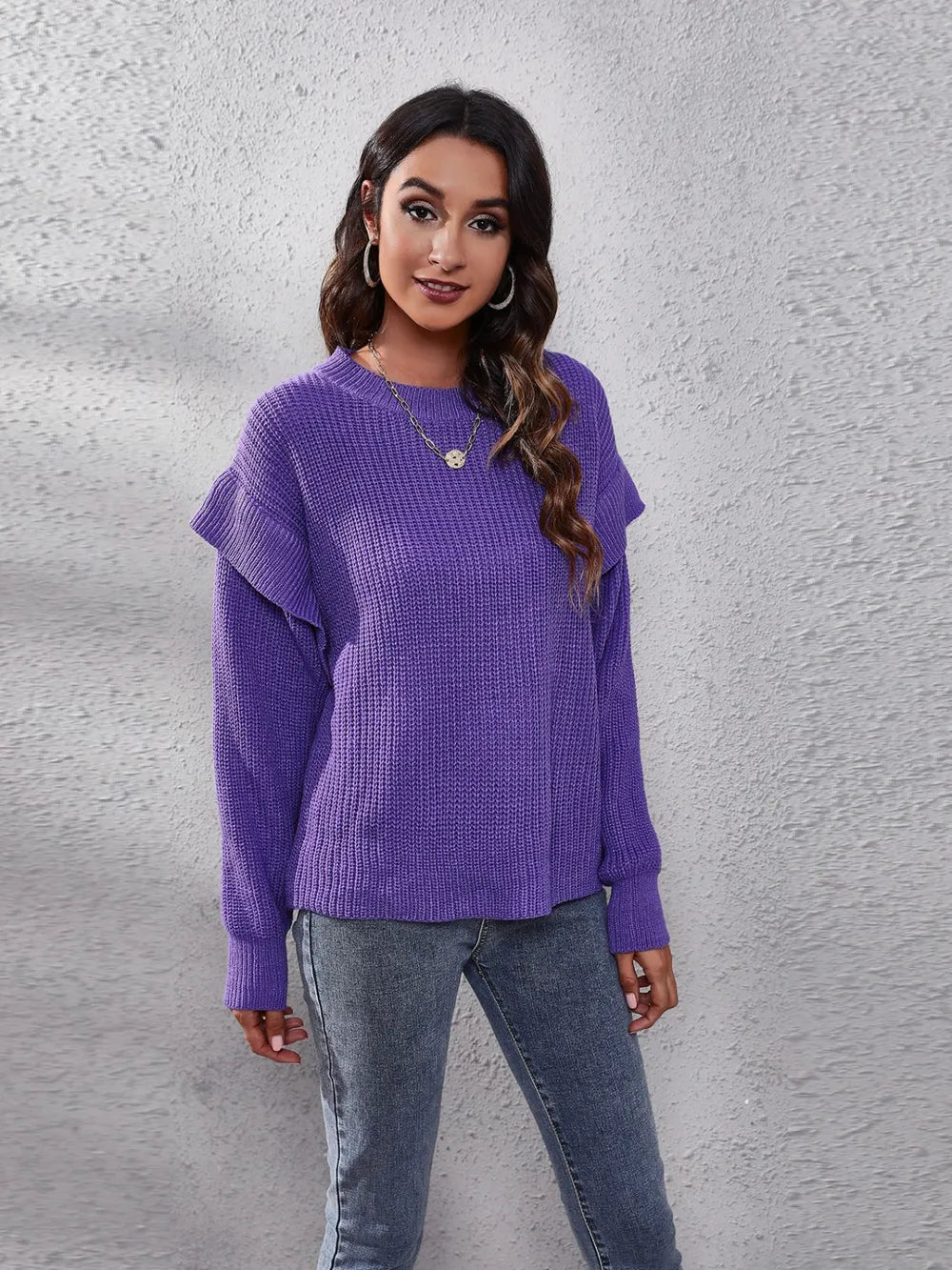 Harbor Bellamy — Ruffled Round Neck Dropped Shoulder Sweater, alternate view 3