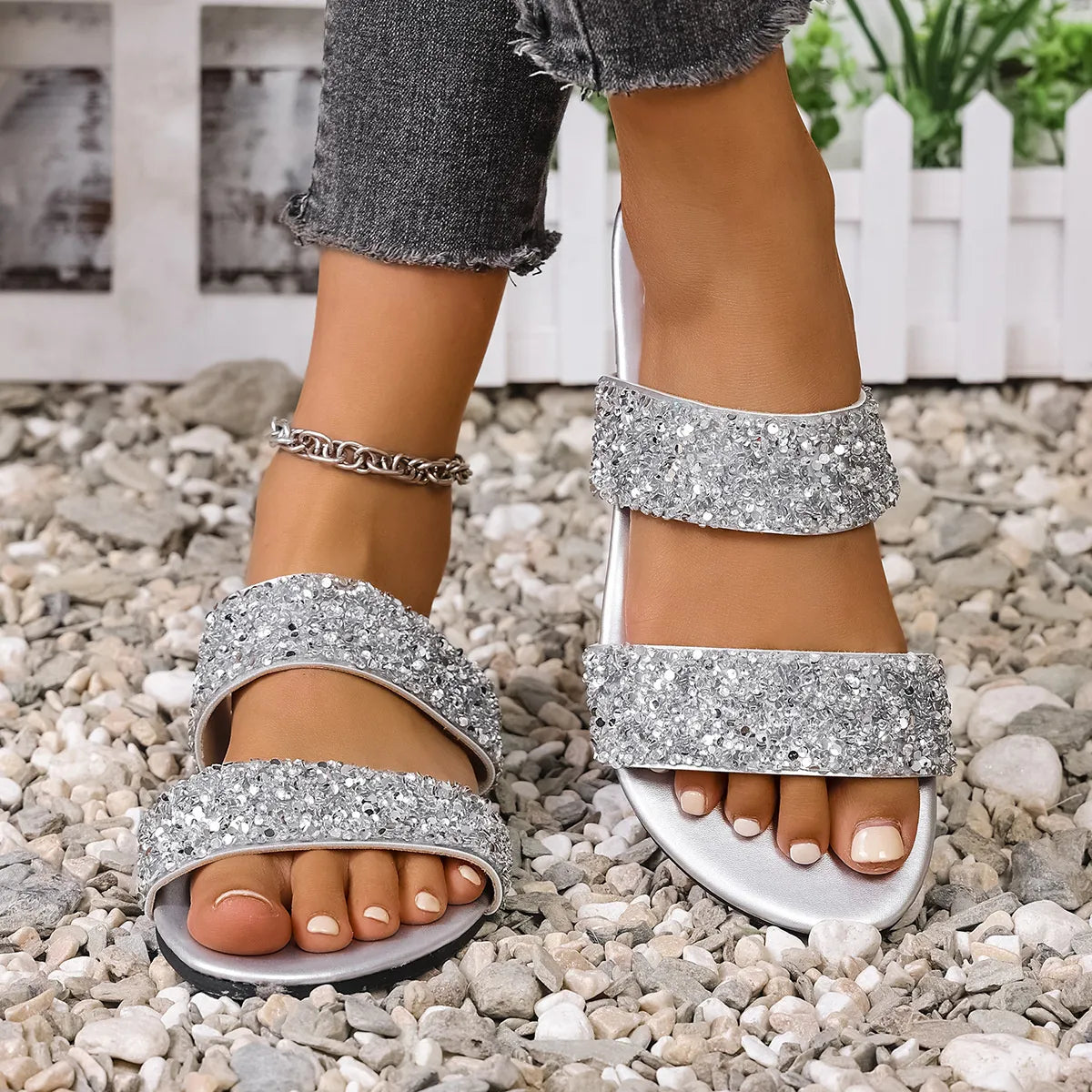 Harbor Marino — Sequin Open Toe Flats Sandals Fashion Footwear, alternate view 17