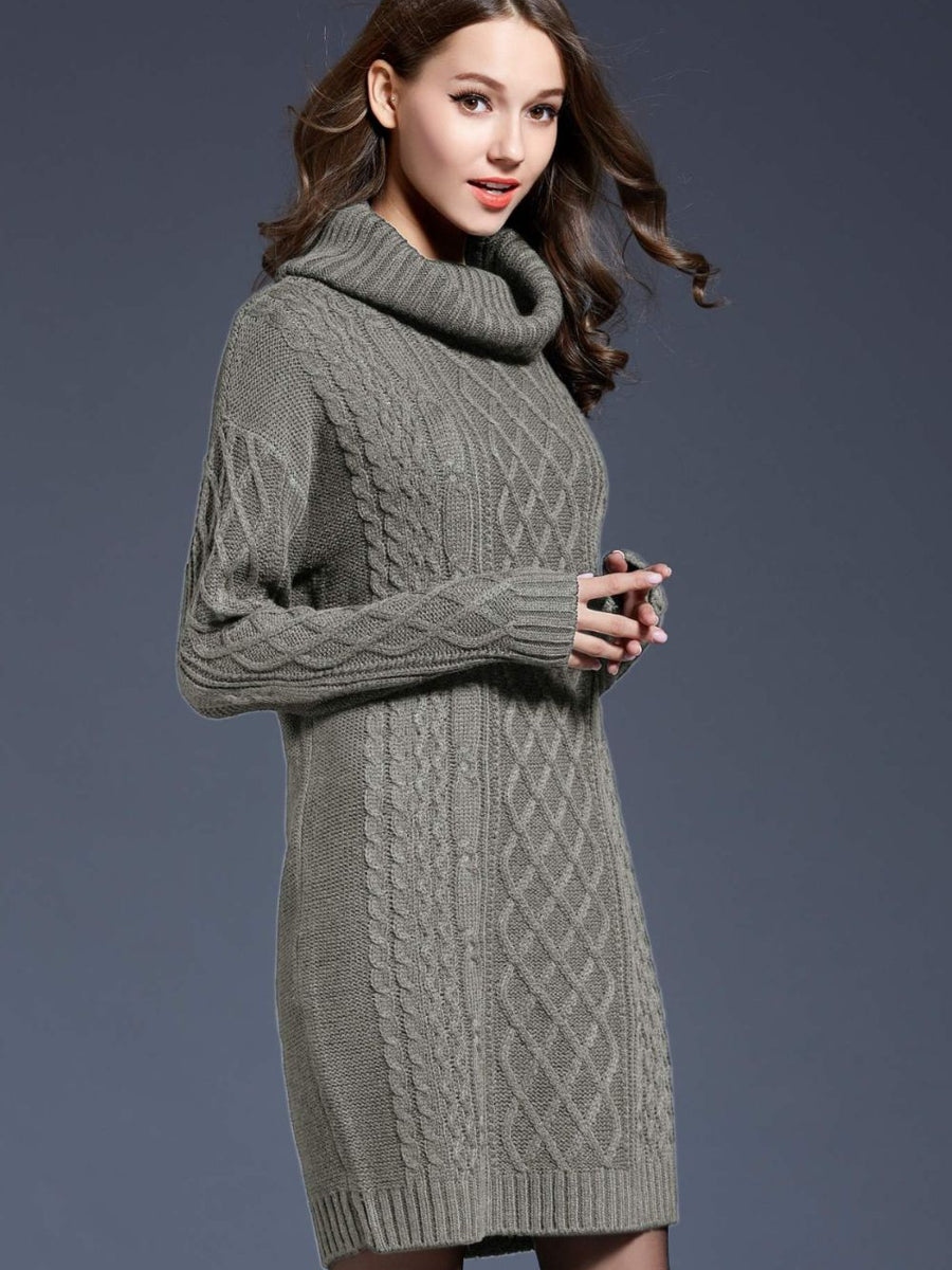 Woven Right Full Size Mixed Knit Cowl Neck Dropped Shoulder Sweater Dress