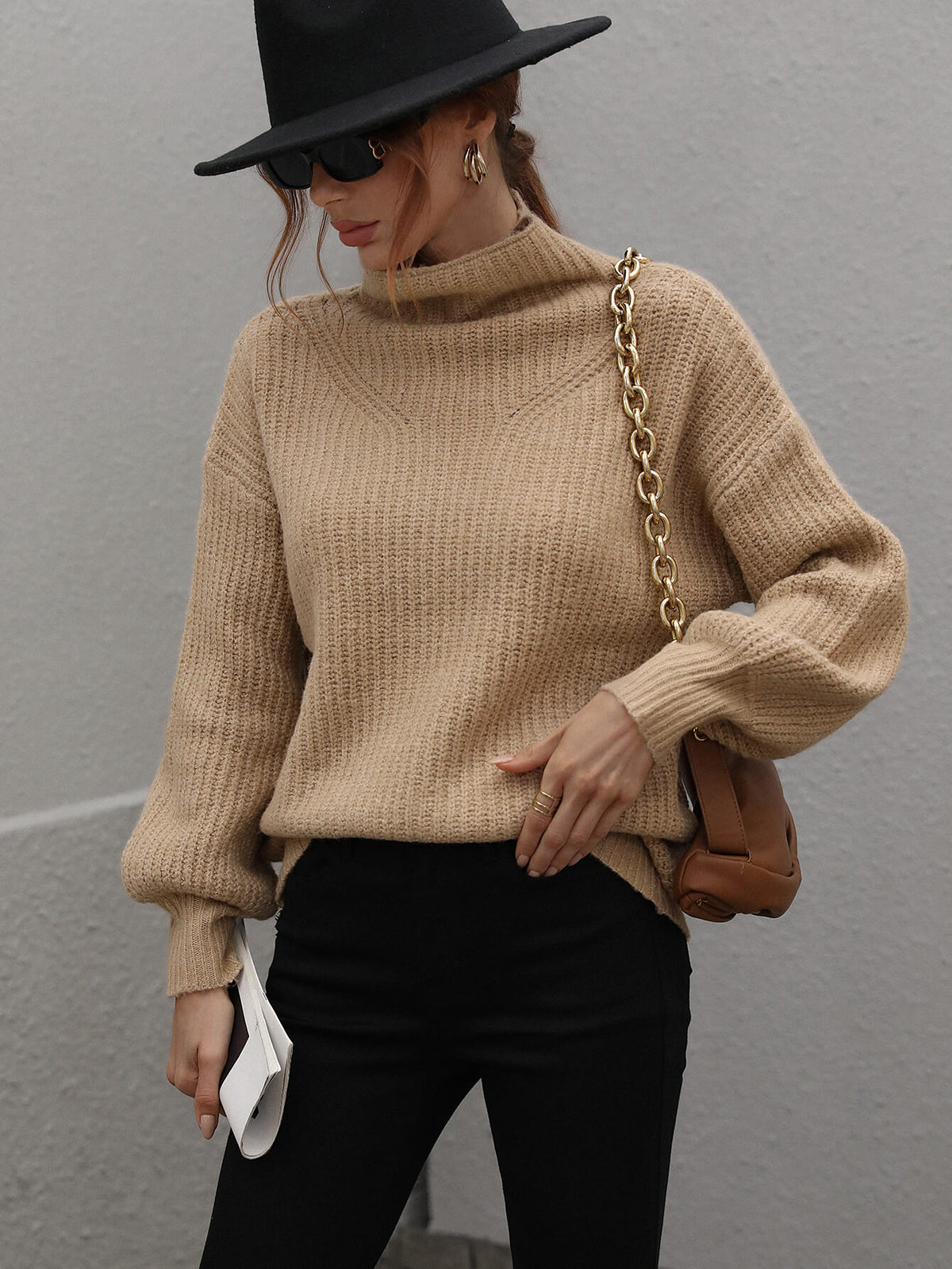 Perrin Moreau — Woven Right High Neck Balloon Sleeve Rib-Knit Pullover Sweater, alternate view 10