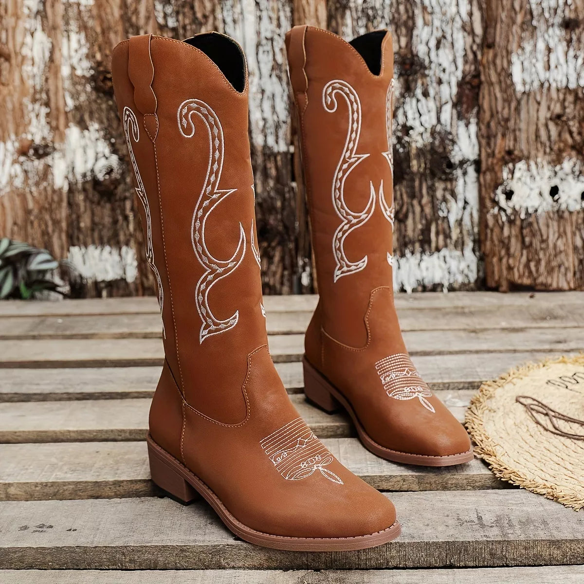 Perrin Marino — Embroidered Round Toe Block Heels Boots Fashion Footwear, alternate view 6