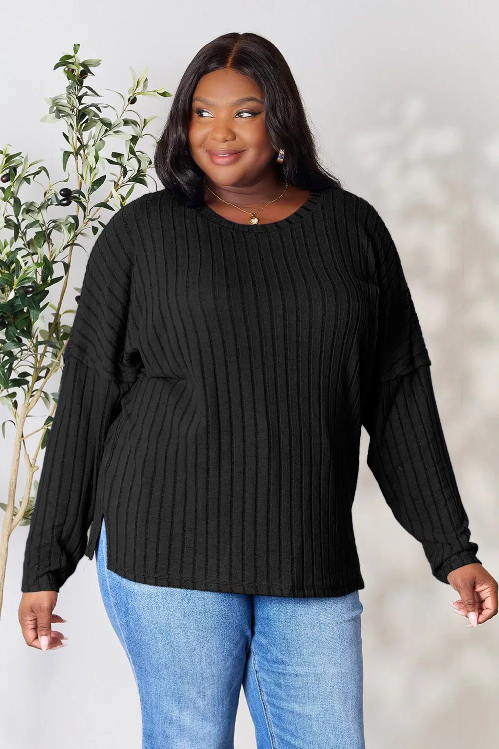 Vale Delacroix — Basic Bae Full Size Ribbed Round Neck Slit Knit Top, alternate view 12