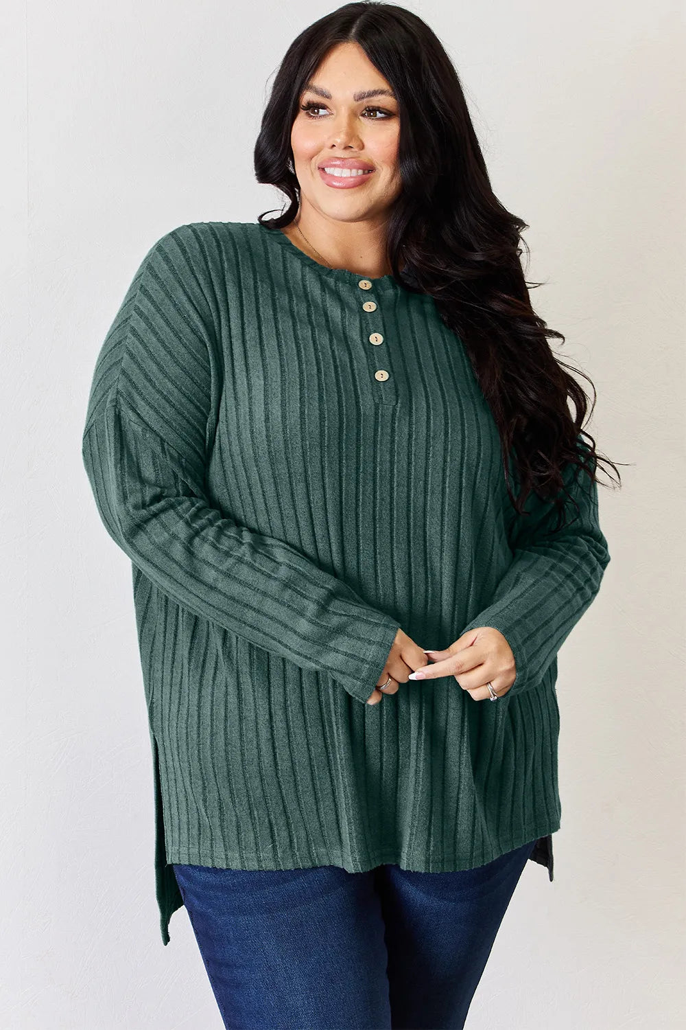 Noa Rousseau — Basic Bae Full Size Ribbed Half Button Long Sleeve High-Low T-Shirt, alternate view 12