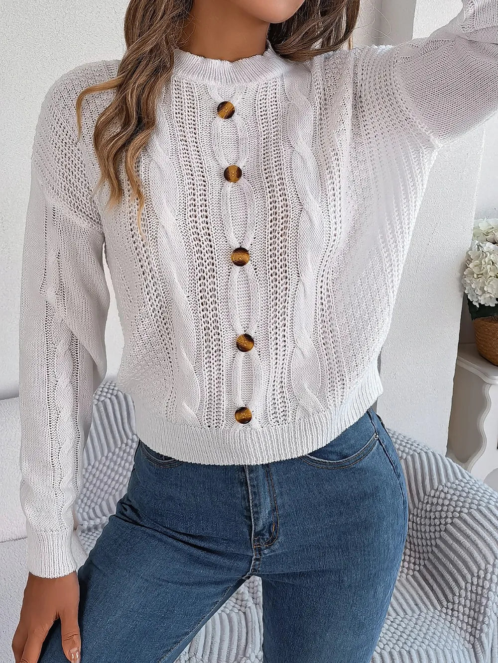 Wren Valmont — Cable-Knit Buttoned Round Neck Sweater, alternate view 7