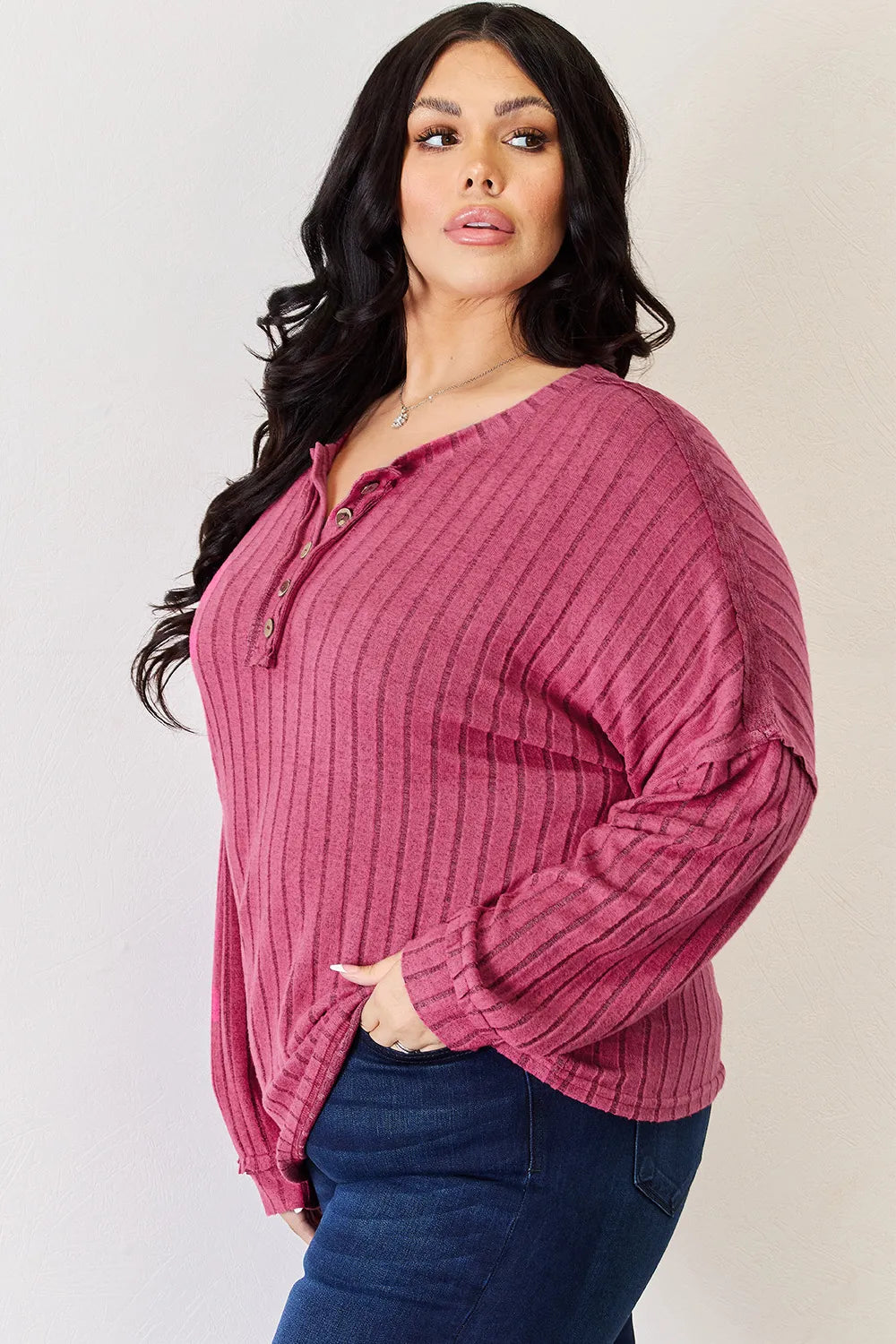 Noa Rousseau — Basic Bae Full Size Ribbed Half Button Long Sleeve High-Low T-Shirt, alternate view 21