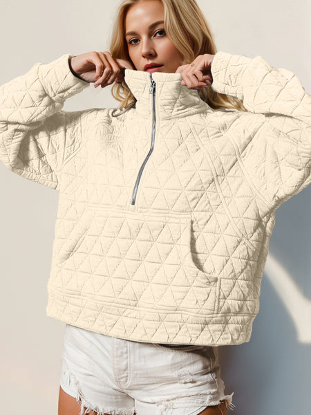 Double Take Half Zip Long Sleeve Quilted Sweatshirt with Pocket