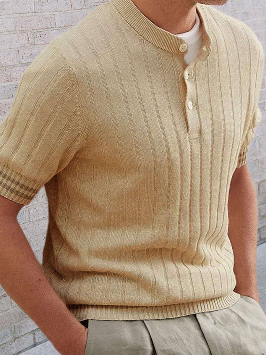 Men's Plus Size Ribbed Quarter Button Round Neck Striped Trim Polo - Opulent Empire