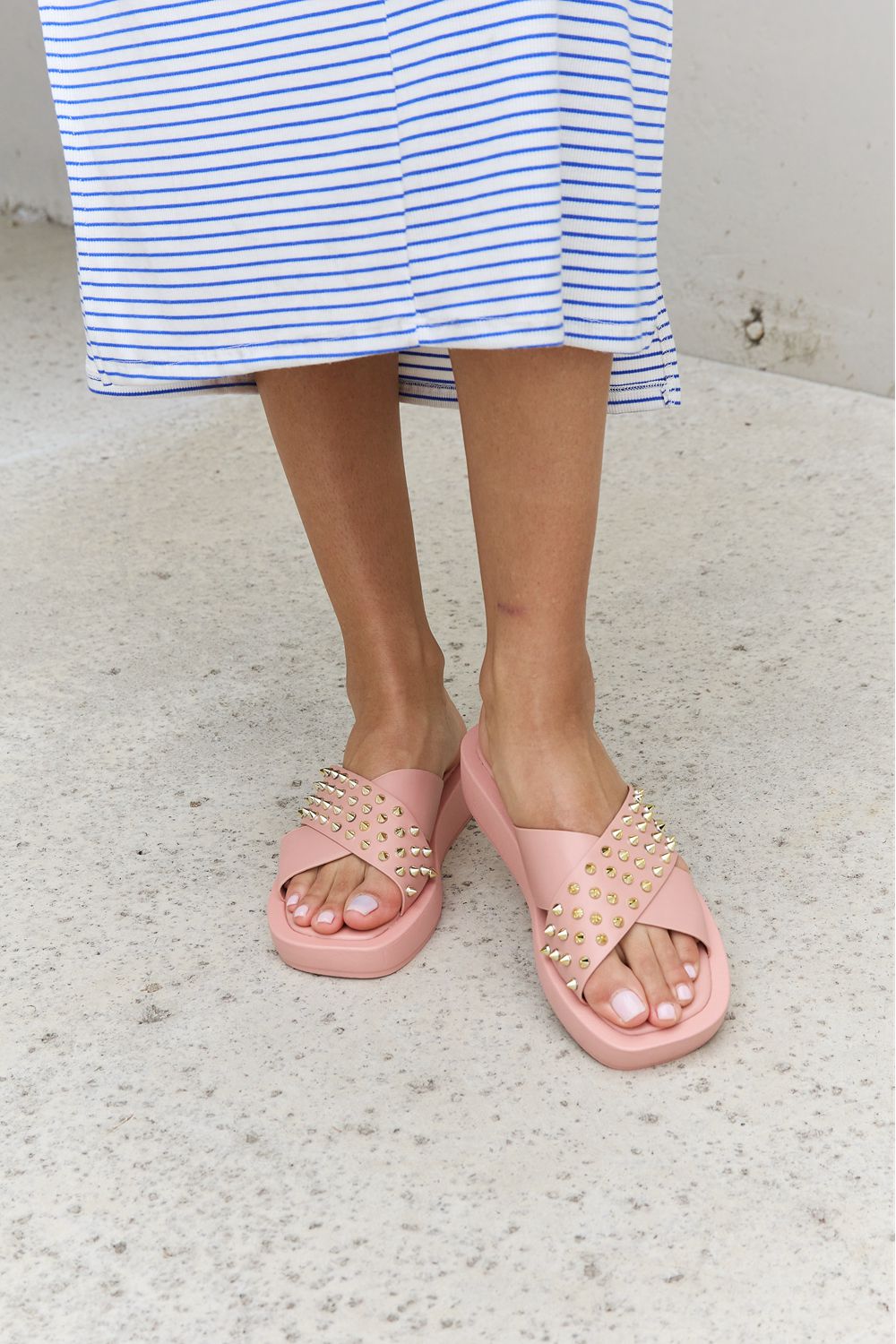 Indigo Beaumont — Forever Link Studded Cross Strap Sandals in Blush Blush Fashion Footwear
