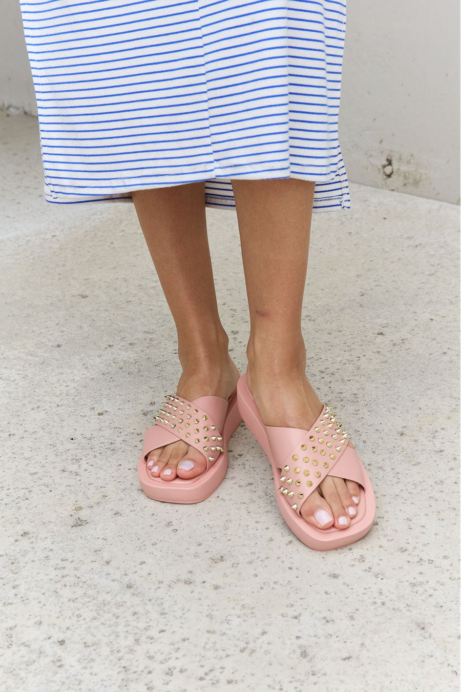 Indigo Beaumont — Forever Link Studded Cross Strap Sandals in Blush Blush Fashion Footwear