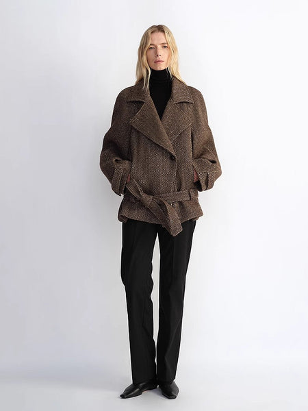 "Warm Cocoon" Italian Herringbone Wool Classic Lapel Micro-coon Short Wool Coat for Women