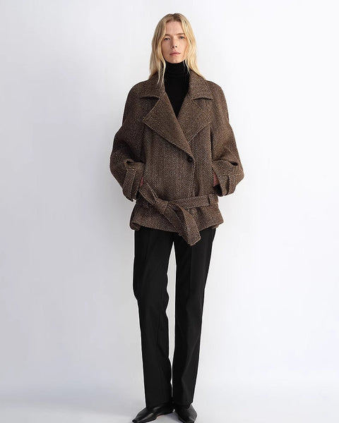 "Warm Cocoon" Italian Herringbone Wool Classic Lapel Micro-coon Short Wool Coat for Women