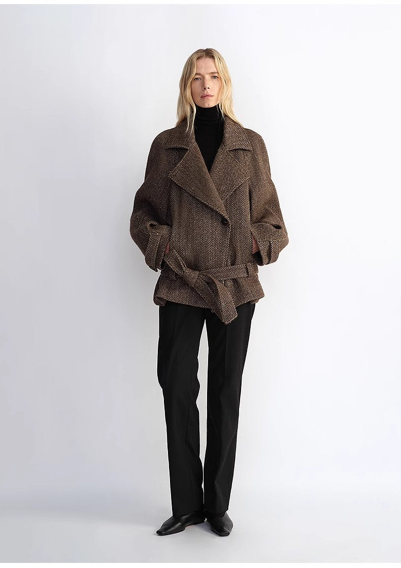 Ciel Monaco — "Warm Cocoon" Italian Herringbone Wool Classic Lapel Micro-coon Short Wool Coat, alternate view 2