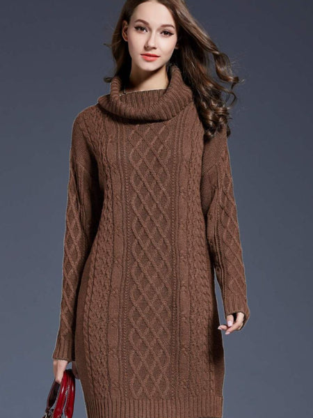 Woven Right Full Size Mixed Knit Cowl Neck Dropped Shoulder Sweater Dress