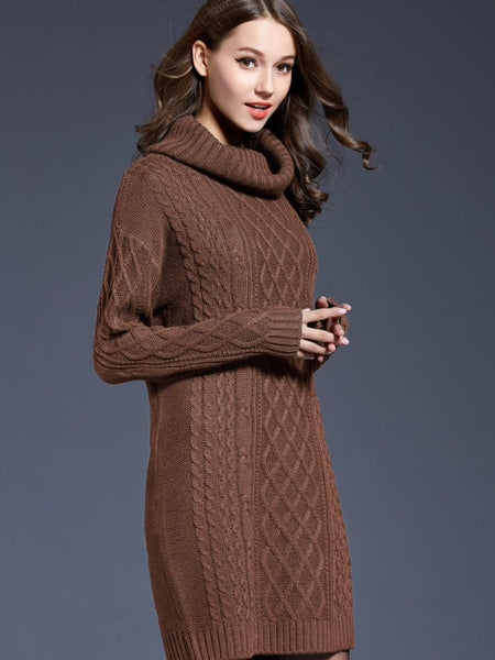 Woven Right Full Size Mixed Knit Cowl Neck Dropped Shoulder Sweater Dress