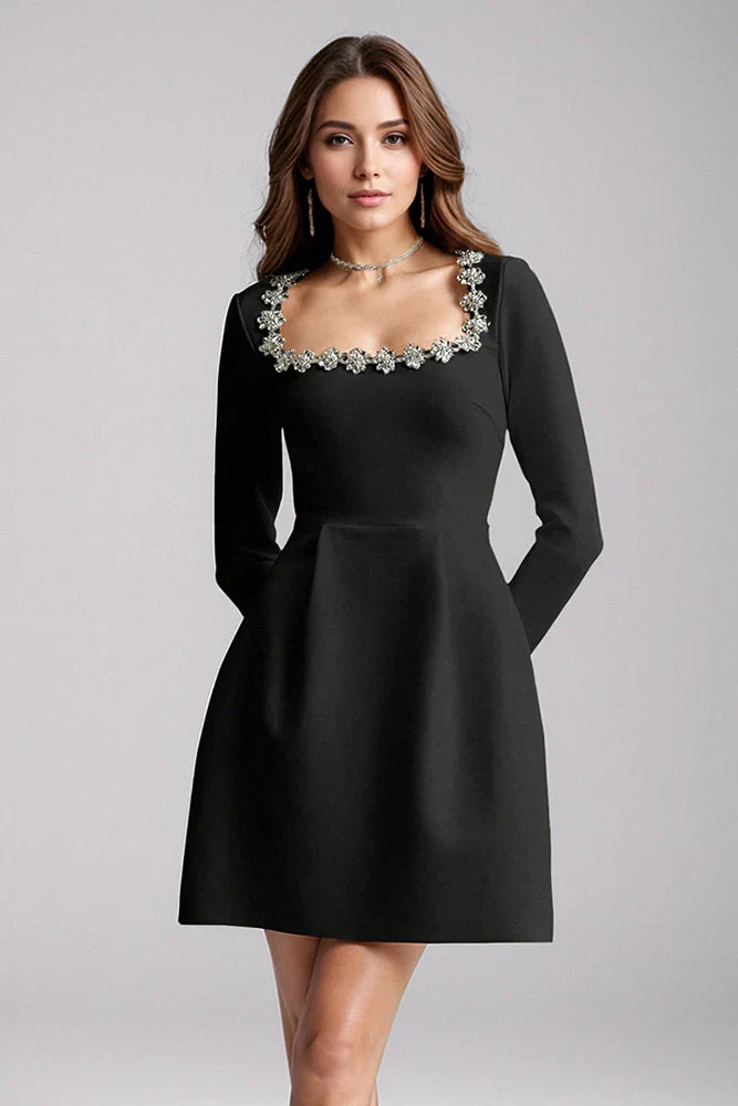 Kalystra™ | Square Neck Crystal Rhinestone Dress - Opulent Empire