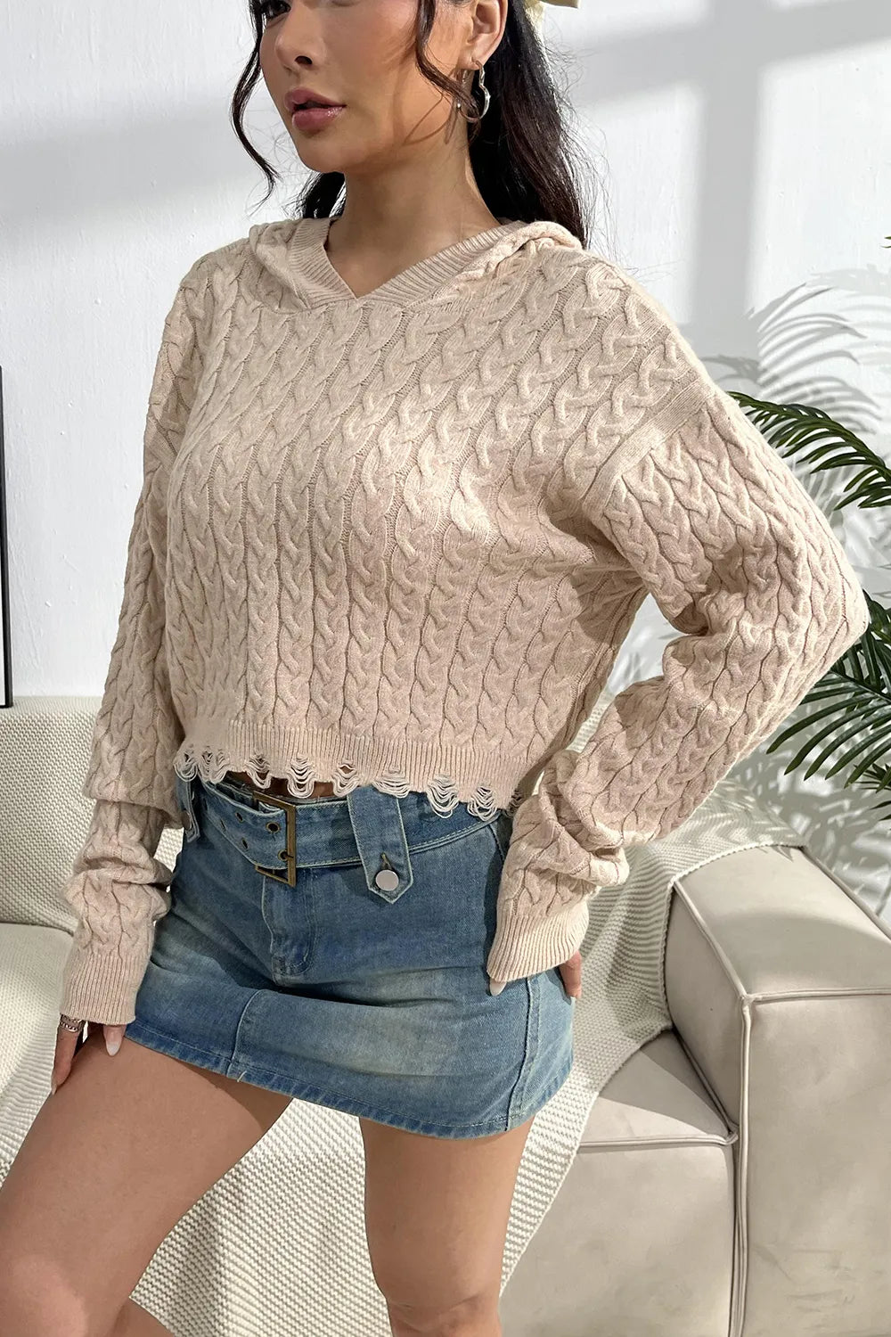 Bellamy Delacroix — Cable-Knit Dropped Shoulder Hooded Sweater, alternate view 3