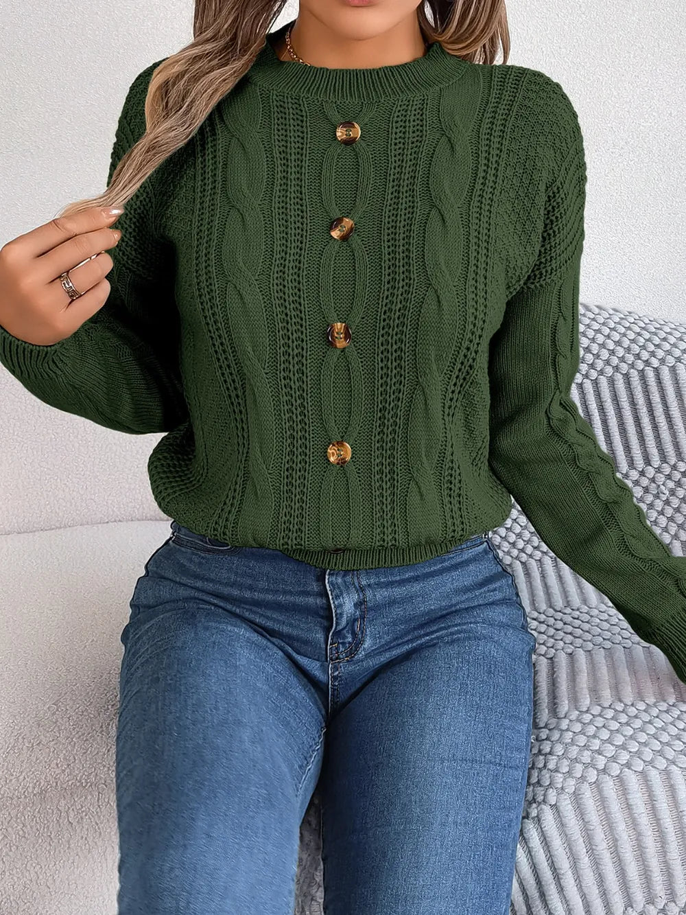 Wren Valmont — Cable-Knit Buttoned Round Neck Sweater, alternate view 11
