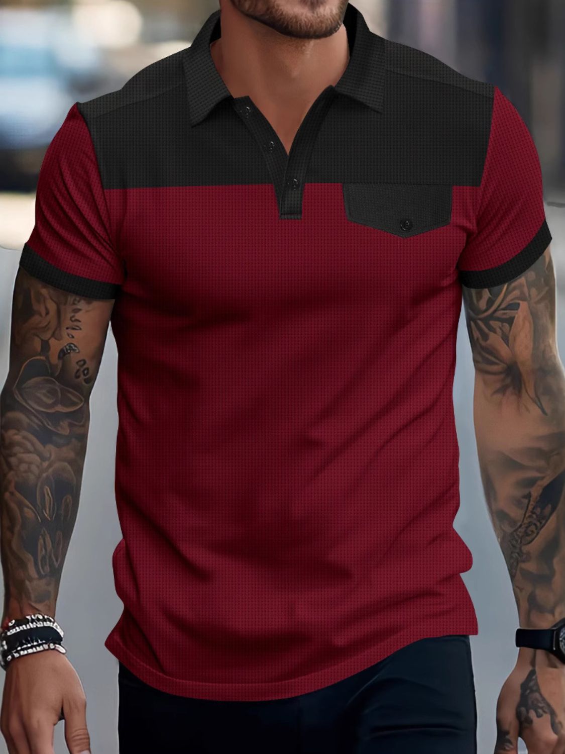 Damian — Men's Full Size Waffle-Knit Collared Contrast Polo Plus Size