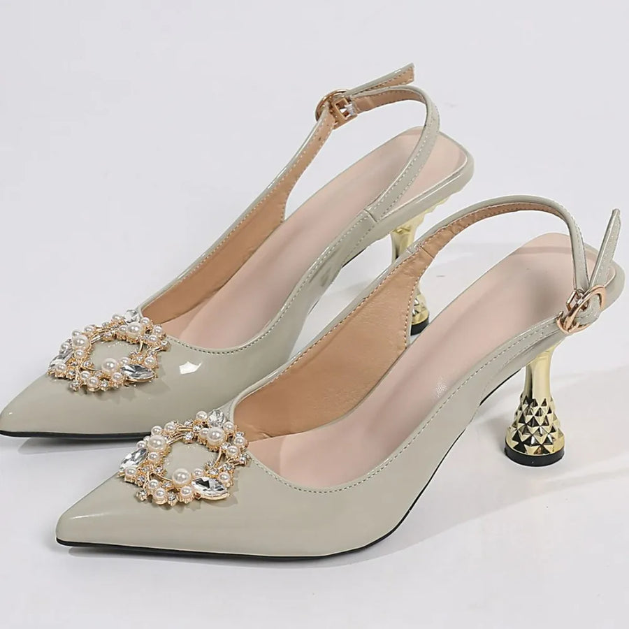 Vale Sorrento — Pearl Detail Point Toe Slingback Pumps Beige Fashion Footwear