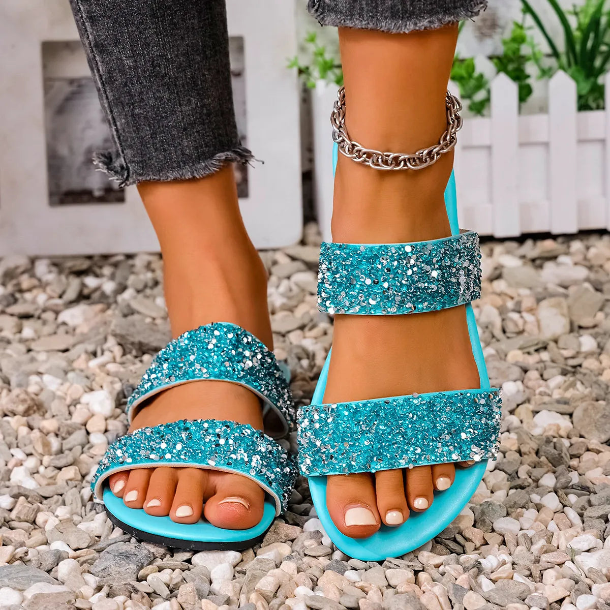 Harbor Marino — Sequin Open Toe Flats Sandals Fashion Footwear, alternate view 15