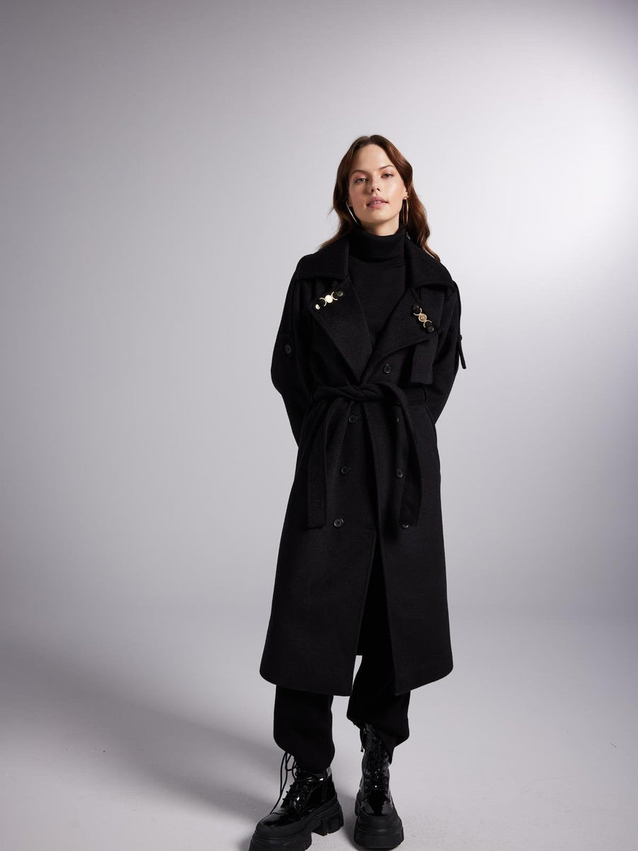 Accessorized Wool Blended Cashmere Maxi Woody Black Coat-1