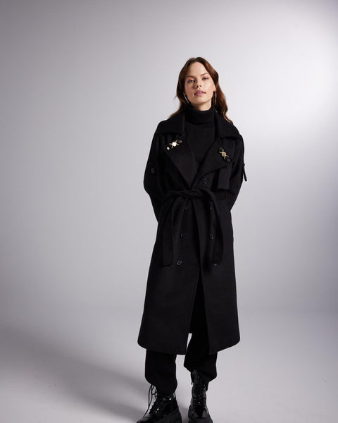 Accessorized Wool Blended Cashmere Maxi Woody Black Coat-1