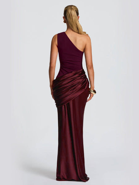 Slanted Shoulder Ruched Satin Maxi Dress