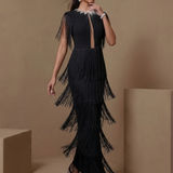 Solenne Marais — Rhinestone Cutout Tiered Fringe Bandage Dress