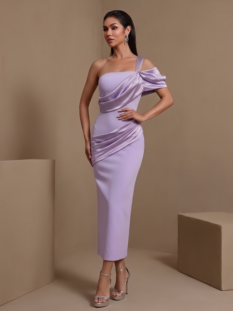 Violette D’Arcy — Asymmetric Satin Draped Ruched Bandage Dress