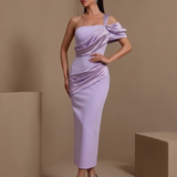 Violette D’Arcy — Asymmetric Satin Draped Ruched Bandage Dress