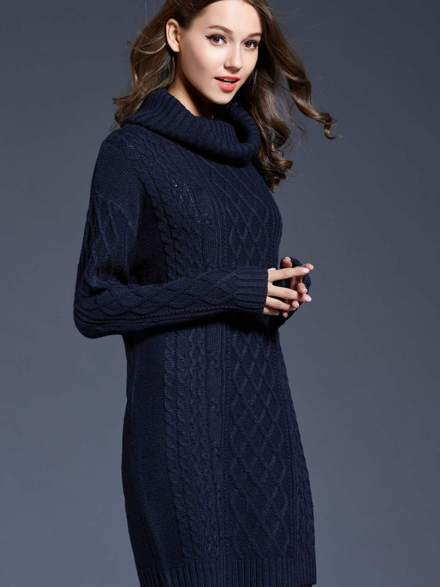 Woven Right Full Size Mixed Knit Cowl Neck Dropped Shoulder Sweater Dress