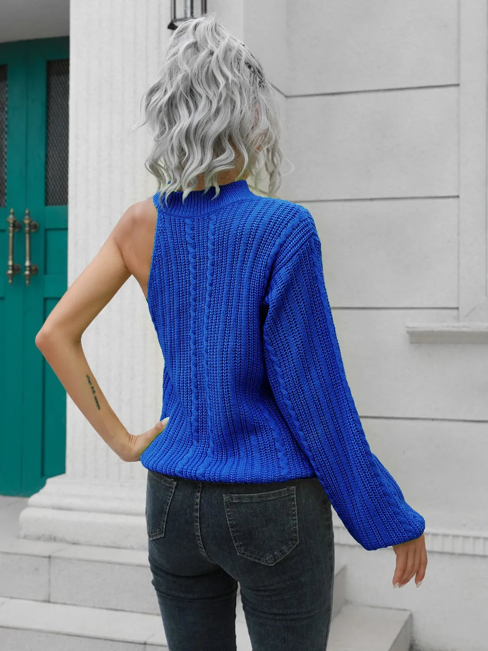 Sasha Valmont — Cable-Knit Round Neck Asymmetrical Sweater, alternate view 2