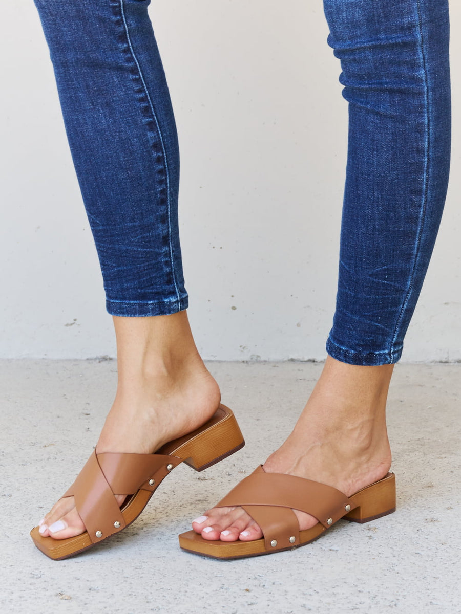 Weeboo Step Into Summer Criss Cross Wooden Clog Mule in Brown - Opulent Empire