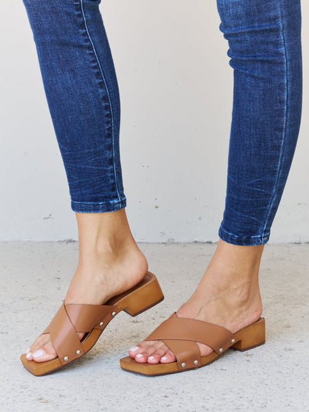 Weeboo Step Into Summer Criss Cross Wooden Clog Mule in Brown - Opulent Empire