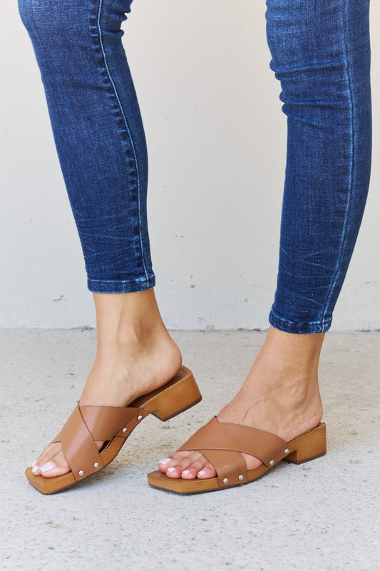 Weeboo Step Into Summer Criss Cross Wooden Clog Mule in Brown - Opulent Empire