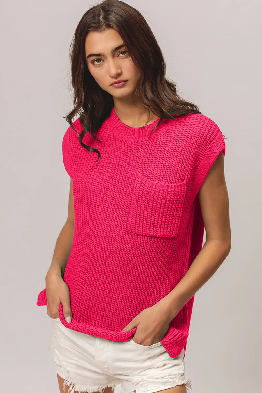 Darcy Valmont — BiBi Patch Pocket Cap Sleeve Sweater Top