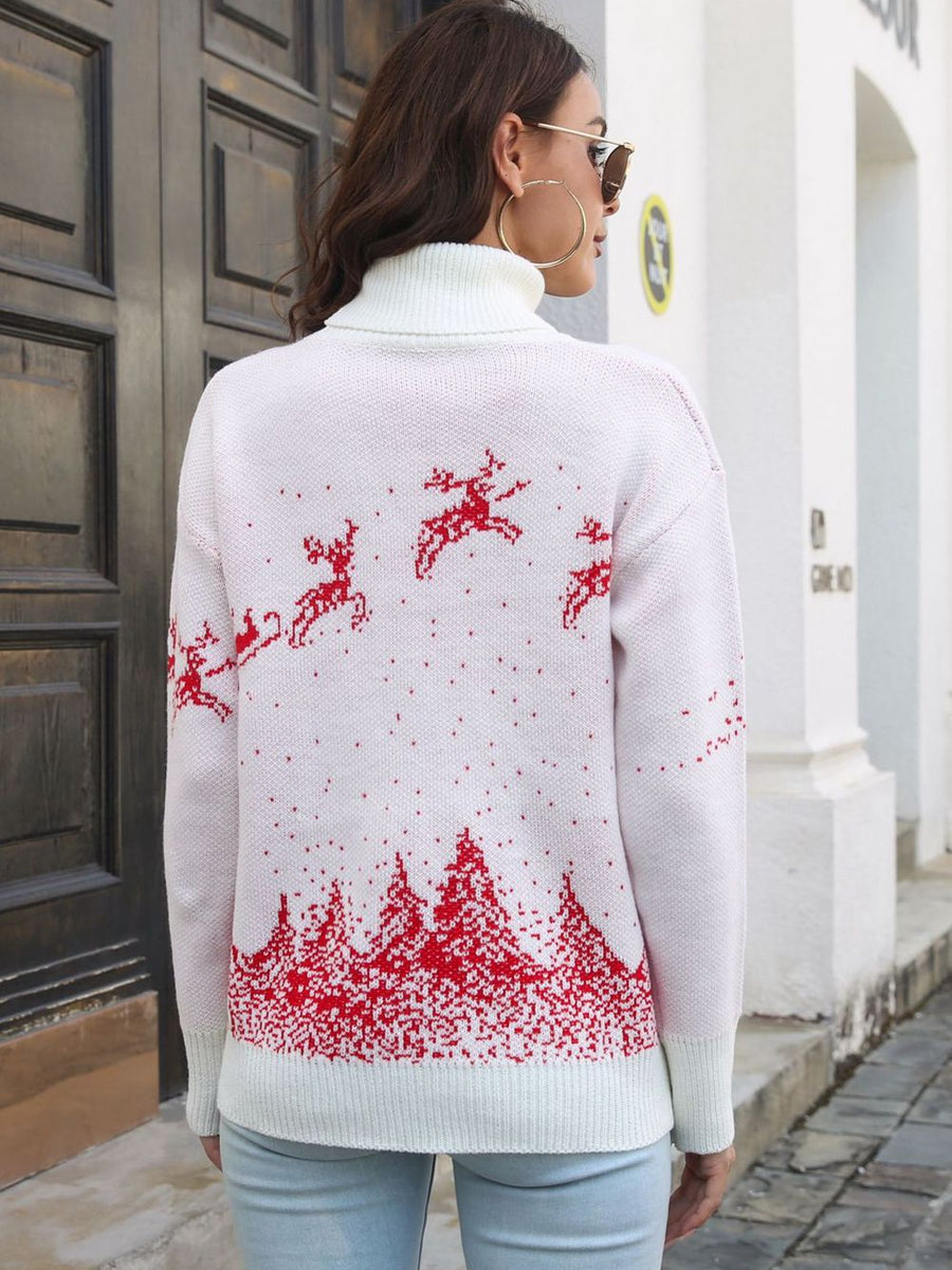 Reindeer & Snow Pattern Turtle Neck Pullover Sweater