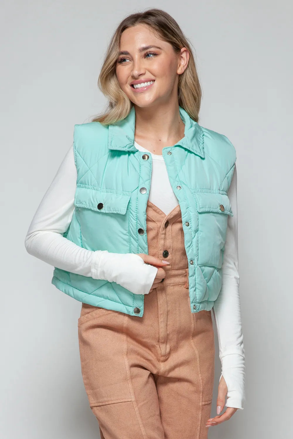 Rowan Rosetti — Snobbish Snap Down Quilted Crop Vest Green Coat or Jacket