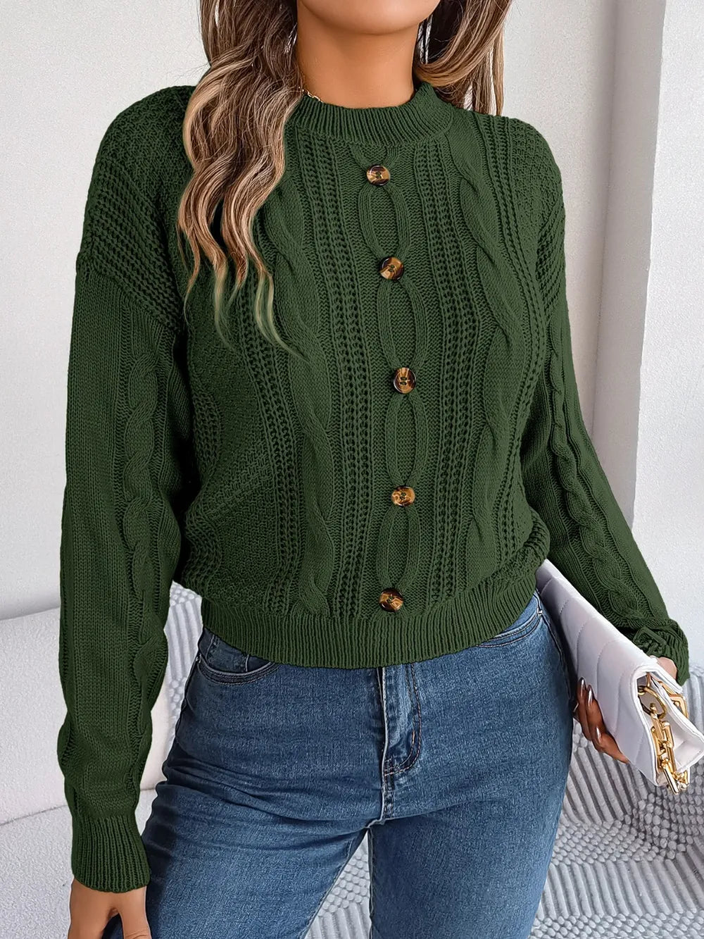 Wren Valmont — Cable-Knit Buttoned Round Neck Sweater, alternate view 10