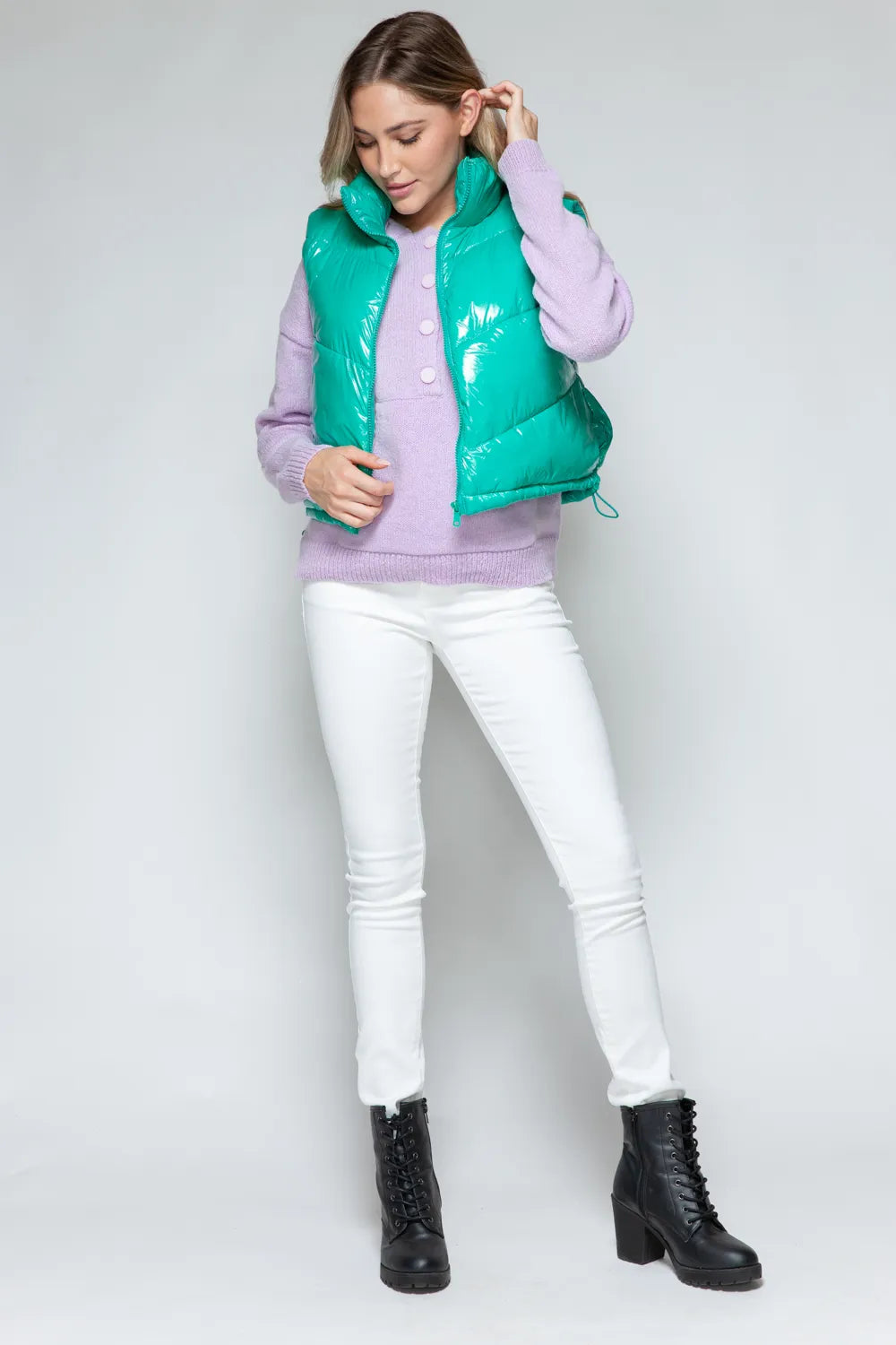 Rowan Saint-Clair — Snobbish Zip Up Turtleneck Shiny Quilted Vest Green Sweater or Cardigan, alternate view 9