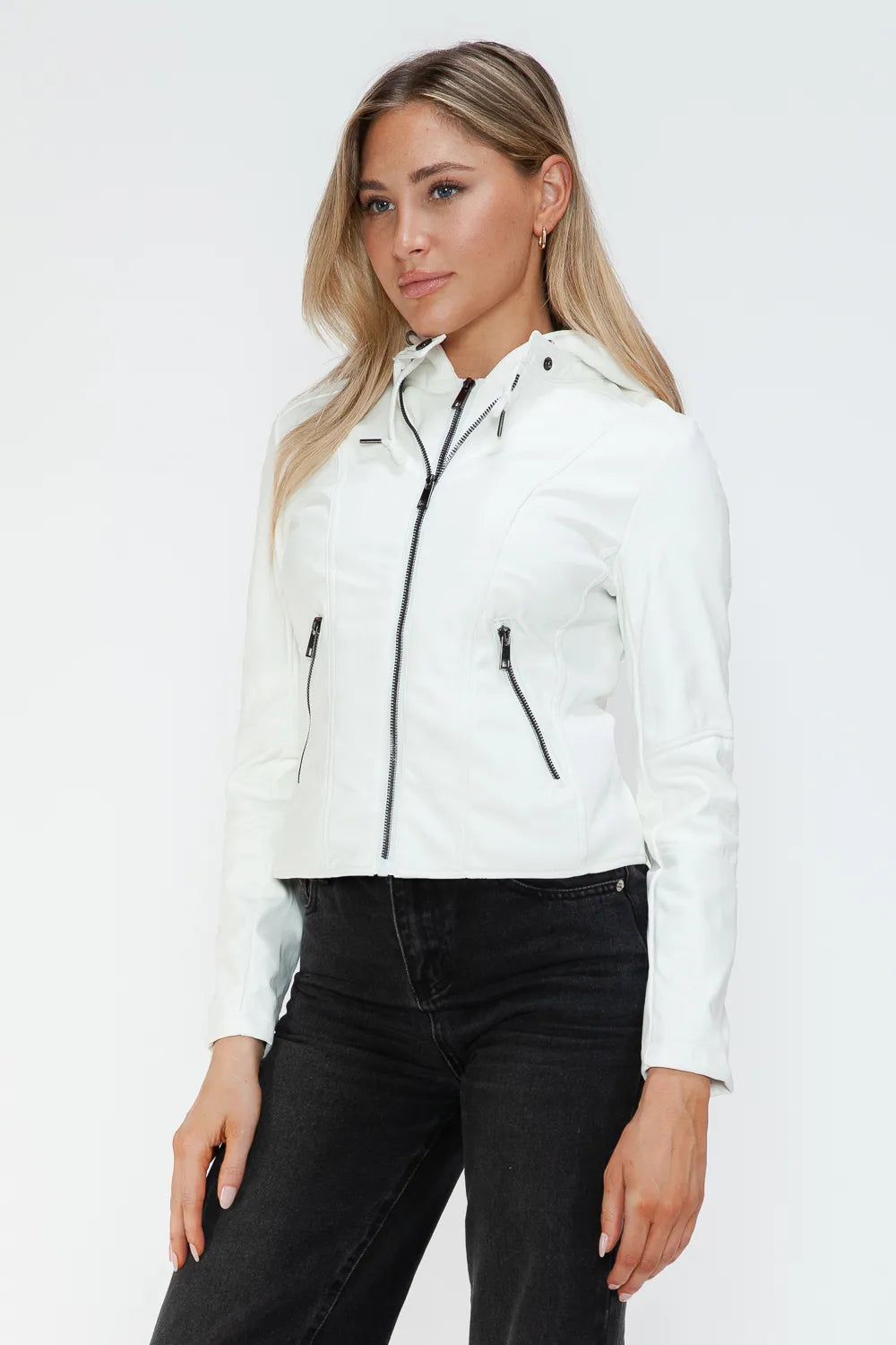 Ciel Rosetti — Snobbish Faux Leather Zip Up Drawstring Hooded Jacket, alternate view 6