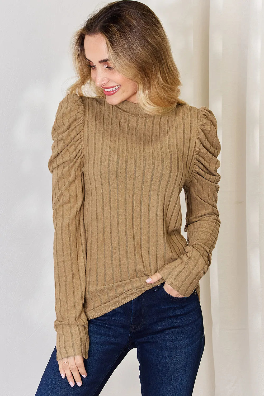 Ciel Delacroix — Basic Bae Full Size Ribbed Mock Neck Puff Sleeve T-Shirt, alternate view 25