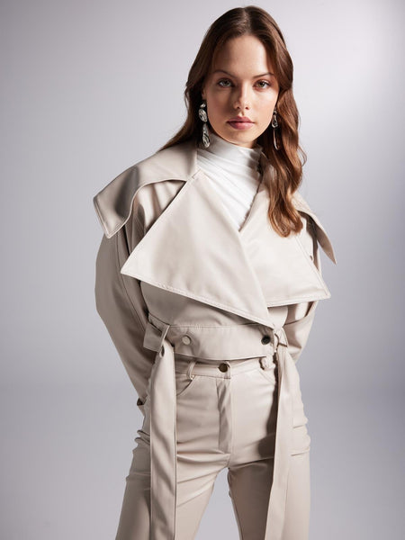 Neeko Beige Faux Leather Cropped Jacket-1