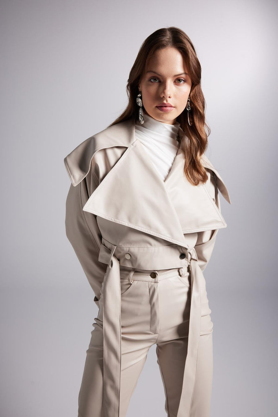 Neeko — Beige Faux Leather Cropped Jacket, alternate view 2