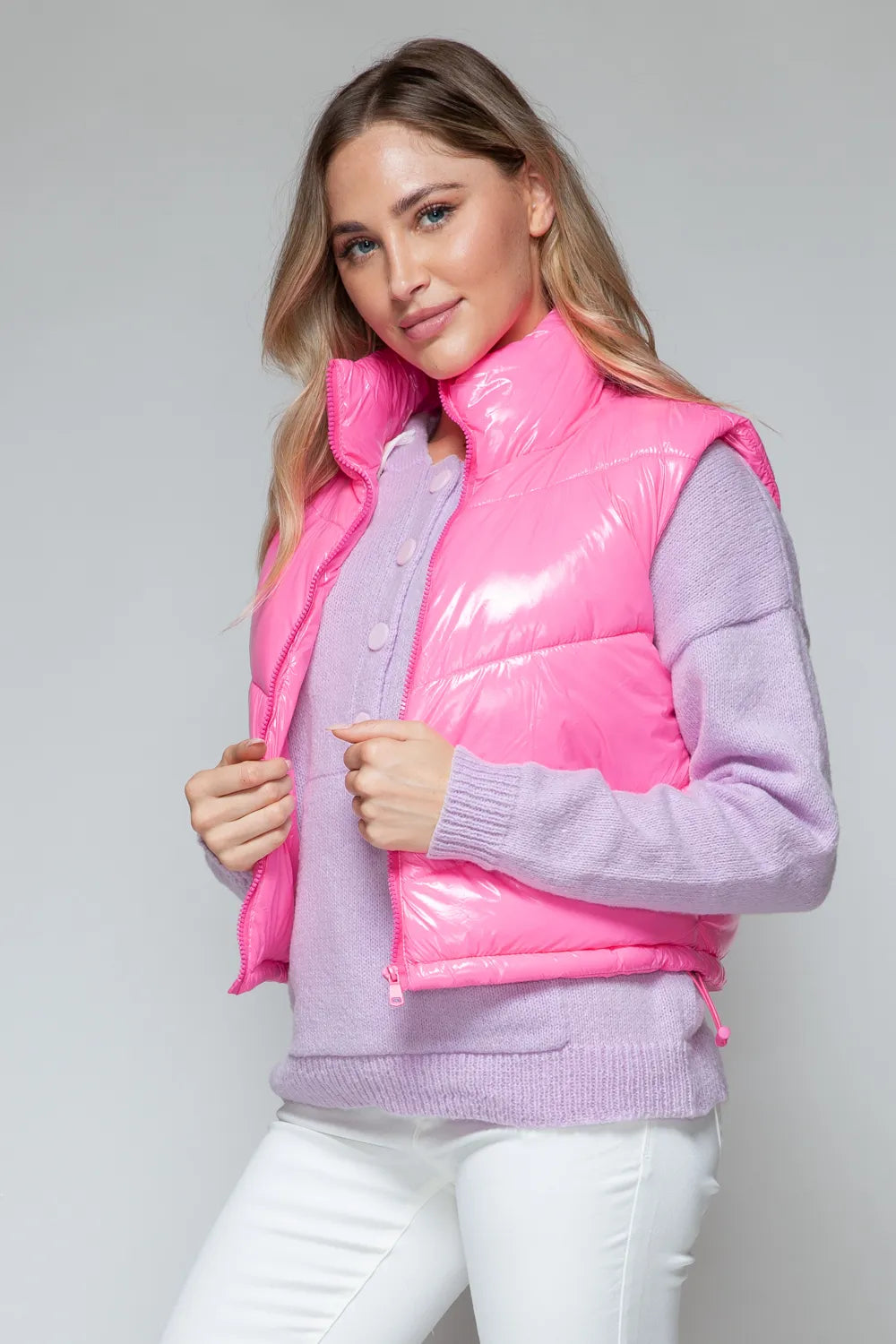 Fable Rosetti — Snobbish Zip Up Turtleneck Shiny Quilted Vest Hot Pink Sweater or Cardigan, alternate view 5