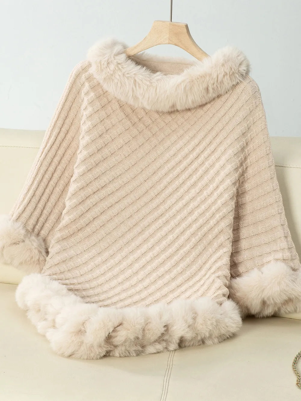Reese Versailles — Fuzzy Trim Texture Three-Quarter Sleeve Poncho, alternate view 5